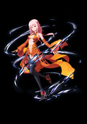 Rule 34 | 1girl, absurdres, bare shoulders, breasts, center opening, cleavage, detached sleeves, fingerless gloves, full body, gloves, guilty crown, hair ornament, hairclip, highres, leg up, long hair, looking at viewer, medium breasts, navel, pink hair, red eyes, solo, standing, standing on one leg, starlan, thighhighs, twintails, yuzuriha inori