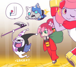 Rule 34 | 1boy, 1girl, blush, blush stickers, closed eyes, floating, flower, flying, ghost, green eyes, hair flower, hair ornament, japanese clothes, jetpack, kimono, long hair, motemacool, multicolored hair, nollety, open mouth, pink hair, red kimono, robonyan f-gata, scythe, smile, tablet pc, tsubakihime (youkai watch), two-tone hair, whisbaba, whisper (youkai watch), youkai (youkai watch), youkai pad, youkai watch