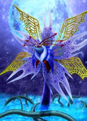 Rule 34 | 1girl, 5tb, antennae, blue skin, colored skin, female focus, flower, gradient background, highres, kirby: triple deluxe, kirby (series), looking down, monster, moon, night, nintendo, plant, queen sectonia, red eyes, solo, soul of sectonia, spoilers, thorns, vines, wings