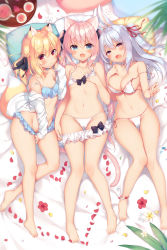 Rule 34 | 3girls, :d, animal ear fluff, animal ears, bare arms, bare legs, bare shoulders, barefoot, bed sheet, bikini, black bow, blonde hair, blue bikini, blue eyes, blush, bow, breasts, cameltoe, cat ears, cat girl, cat tail, cleavage, collarbone, commentary request, flower, fox ears, fox girl, fox tail, girl sandwich, groin, hair between eyes, hair ribbon, jacket, large breasts, long hair, long sleeves, looking at viewer, lying, multiple girls, navel, off shoulder, on back, one side up, open clothes, open jacket, open mouth, original, petals, pillow, pink hair, polka dot, polka dot bow, rabbit ears, red flower, red ribbon, ribbon, sandwiched, sazaki ichiri, side-tie bikini bottom, silver hair, sleeves past fingers, sleeves past wrists, small breasts, smile, swimsuit, tail, tail raised, take your pick, thigh gap, tray, untied bikini, very long hair, white bikini, white flower, white jacket