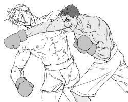 Rule 34 | 2boys, abs, ao isami, bara, blank eyes, boxing gloves, bruise, couple, cowboy shot, duel, facial hair, greyscale, highres, injury, large pectorals, lewis smith, male focus, monochrome, multiple boys, muscular, muscular male, navel, nipples, pectorals, poyosoftware, punching, sideburns stubble, stomach, stubble, thick eyebrows, topless male, wrestling outfit, yaoi, yuuki bakuhatsu bang bravern