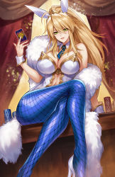 Rule 34 | 1girl, animal ears, artoria pendragon (all), artoria pendragon (fate), artoria pendragon (swimsuit ruler) (fate), blonde hair, breasts, card, cleavage, commentary request, crossed legs, curtains, detached collar, fake animal ears, fate/grand order, fate (series), feather boa, fingernails, fishnet pantyhose, fishnets, green eyes, high heels, highres, holding, indoors, kacyu, large breasts, leotard, long hair, looking at viewer, necktie, open mouth, pantyhose, playboy bunny, ponytail, rabbit ears, shiny clothes, shiny skin, solo, strapless, strapless leotard, white footwear, wrist cuffs