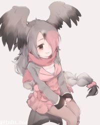 Rule 34 | 10s, 1girl, artist name, blush, bow, braid, brown eyes, feathered wings, grey background, grey hair, hair over one eye, head wings, kemono friends, long hair, miniskirt, multicolored hair, pantyhose, pink-backed pelican (kemono friends), scarf, simple background, sitting, skirt, solo, tatsuno newo, wings