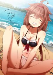 Rule 34 | 1girl, adapted costume, ahoge, barefoot, beach, bikini, black bikini, blue sky, breasts, brown eyes, brown hair, cleavage, cloud, commentary request, day, dog tags, dutch angle, facing viewer, grin, hair flaps, hairband, highres, indian style, kantai collection, long hair, low twintails, medium breasts, ocean, outdoors, red hairband, shiratsuyu (kancolle), shiratsuyu kai ni (kancolle), shorts, sitting, sky, smile, solo, swimsuit, twintails, white shorts, yua (checkmate)