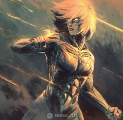 Rule 34 | 1girl, annie leonhart, breasts, closed mouth, exposed muscle, female titan, firing, giant, giantess, glowing, glowing eyes, looking to the side, medium breasts, monster, shimhaq, shingeki no kyojin, short hair, signature, smoke, titan (shingeki no kyojin)