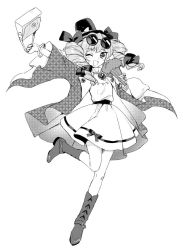 Rule 34 | 1girl, :d, arm up, bag, boots, bow, drill hair, eyewear on head, full body, greyscale, hair bow, handbag, hat, hat bow, holding, jewelry, long sleeves, looking at viewer, monochrome, necklace, open mouth, pendant, simple background, smile, solo, sunglasses, top hat, torii sumi, touhou, twin drills, unmoving pattern, white background, wide sleeves, yorigami jo&#039;on