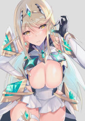 Rule 34 | 1girl, bare legs, bare shoulders, blonde hair, breasts, chest jewel, cleavage, cleavage cutout, clothing cutout, dress, earrings, elbow gloves, gem, gloves, headpiece, inoue takuya (tactactak), jewelry, large breasts, long hair, mythra (xenoblade), short dress, solo, swept bangs, thigh strap, tiara, very long hair, white dress, white gloves, xenoblade chronicles (series), xenoblade chronicles 2, yellow eyes