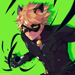 Rule 34 | 1boy, abs, adrien agreste, animal ears, bell, black bodysuit, blonde hair, bobafiish, bodysuit, cat ears, chat noir, claws, colored sclera, commentary request, domino mask, energy ball, green background, green sclera, highres, jingle bell, male focus, mask, miraculous ladybug, smile, solo, toned, toned male, upper body, yellow eyes
