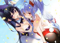 Rule 34 | 2girls, absurdres, animal ears, arm under breasts, ass, bare shoulders, black hair, bow, bowtie, breast hold, breasts, brown legwear, cleavage, confetti, detached collar, dutch angle, fake animal ears, fujiwara no mokou, hairband, highres, houraisan kaguya, leotard, long hair, medium breasts, mirei, multiple girls, non-web source, pantyhose, playboy bunny, ponytail, rabbit ears, rabbit tail, red eyes, scan, sidelocks, silver hair, small breasts, smile, stitched, tail, third-party edit, touhou, very long hair, white legwear, wrist cuffs