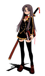 Rule 34 | 1girl, bail, black eyes, black hair, black thighhighs, book, full body, glasses, hair ornament, hairclip, holding, katana, long hair, looking at viewer, original, pleated skirt, rimless eyewear, school uniform, shoes, simple background, skirt, solo, standing, sword, thighhighs, weapon, white background, zettai ryouiki