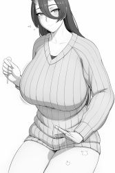 Rule 34 | 1girl, asahi (lvl), blush, breasts, collarbone, greyscale, hair between eyes, heart, highres, horns, huge breasts, lap pillow invitation, long hair, looking at viewer, lvl (sentrythe2310), mimikaki, monochrome, motion lines, oni, oni horns, original, patting lap, pointy ears, ribbed sweater, sidelocks, smile, solo, sweater