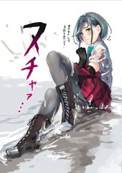 Rule 34 | 1girl, absurdres, adapted costume, aqua bow, aqua bowtie, black gloves, boots, bow, bowtie, commentary request, cross-laced footwear, doushi tatsu to dekkai no, dress, elbow gloves, forehead, gloves, grey hair, grey pantyhose, halterneck, highres, kantai collection, lace-up boots, pantyhose, pleated dress, purple dress, school uniform, shirt, short hair, short sleeves, simple background, sitting, solo, summer uniform, swept bangs, tamanami (kancolle), translation request, wet, wet clothes, white background, white shirt, yellow eyes