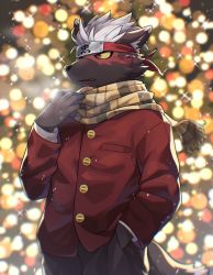Rule 34 | 1boy, animal ears, animal nose, blush, breath, brown fur, burn scar, colored sclera, dog boy, dog ears, dog tail, fang, fang out, fingernails, forehead protector, furry, furry male, hand in pocket, hand on own face, highres, jacket, lights, looking away, male focus, ninja, open mouth, pants, plaid, plaid scarf, ponzu tas, red eyes, red jacket, scar, scar on face, scarf, scarf grab, sharp fingernails, short hair, snout, solo, sparkle, sparkle background, tadatomo (housamo), tail, tokyo houkago summoners, upper body, white hair, yellow sclera