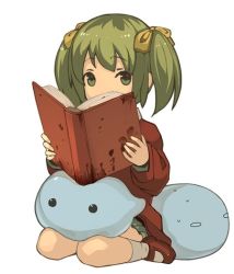 Rule 34 | 1girl, bad id, bad pixiv id, blood, book, bow, child, covered mouth, creature, elona, expressionless, full body, green eyes, green hair, hair bow, harusame (rueken), holding, holding book, kindergarten uniform, loafers, long sleeves, looking at viewer, medium hair, microskirt, no sclera, open book, putit, putit (elona), reading, red footwear, red shirt, shirt, shoes, sidelocks, simple background, sitting, skirt, socks, solo, sweatdrop, tareme, two side up, wariza, white background, white socks, yellow bow, younger sister (elona)