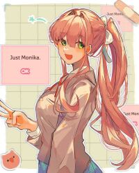 Rule 34 | 1girl, bandaid, blazer, blue skirt, blush, border, brown hair, commentary, doki doki literature club, english text, from side, glitch, green eyes, haha100409, hair between eyes, hair ribbon, high ponytail, jacket, long hair, looking to the side, monika (doki doki literature club), on computer, open mouth, outline, paper, red ribbon, ribbon, school uniform, sidelocks, sketch, skirt, solo, symbol-only commentary, v, very long hair, video game, white border, white outline, white ribbon, window (computing)