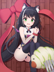 Rule 34 | 1girl, @ @, absurdres, animal ear fluff, animal ears, ass, bare shoulders, black hair, black panties, blurry, blurry foreground, blush, bound, bow, breasts, bug, cat ears, cat girl, cat tail, commentary request, dress, fang, fork, from above, gem, green eyes, highres, karyl (princess connect!), large bow, long hair, looking at viewer, low twintails, lying, multicolored hair, no shoes, on back, open mouth, panties, princess connect!, red bow, sleeveless, sleeveless dress, small breasts, small hands, solo, streaked hair, tail, tearing up, thighhighs, twintails, underwear, very long hair, white hair, wooden floor, zangi (lkt2012)