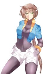 Rule 34 | 1girl, absurdres, aile (mega man zx), bodystocking, bracelet, breasts, brown hair, contrapposto, covered navel, cropped jacket, green eyes, hair between eyes, hands on own hips, highres, jewelry, large breasts, layered sleeves, long hair, long sleeves, looking at viewer, mega man (series), mega man zx, mega man zx advent, pantyhose, pantyhose under shorts, ponytail, robot ears, short over long sleeves, short sleeves, shorts, simple background, skin tight, smile, solo, tgxx3300, white background, white shorts