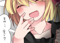 Rule 34 | 1girl, :d, \||/, ^ ^, bad id, bad pixiv id, blonde hair, blush, chemise, close-up, closed eyes, darkness, facing viewer, gradient background, hair ribbon, hammer (sunset beach), hand to own mouth, laughing, open mouth, red eyes, ribbon, rumia, short hair, smile, solo, touhou
