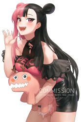 Rule 34 | 1girl, black hair, commission, copyright request, cowboy shot, double bun, hair bun, hand up, highres, leaning forward, long hair, looking at viewer, multicolored hair, nhaliz, open mouth, pink eyes, pink hair, simple background, smile, solo, two-tone hair, very long hair, virtual youtuber, white background