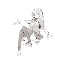 Rule 34 | 1girl, breasts, closed mouth, dated, ejami, greyscale, legs, long hair, looking at viewer, monochrome, shoes, signature, simple background, skirt, sneakers, solo, thighhighs, white background