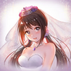 Rule 34 | 1girl, artist request, bare shoulders, black hair, blush, breasts, brown eyes, cleavage, collarbone, diadem, dress, female focus, flower ornament, formal, hair ornament, idolmaster, idolmaster cinderella girls, jewelry, long hair, long twintails, looking at viewer, medium breasts, nakano yuka, namco, neck, necklace, open mouth, pearl necklace, sidelocks, simple background, sleeveless, sleeveless dress, tiara, twintails, upper body, veil, wedding dress, white dress
