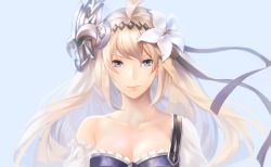 Rule 34 | 10s, 1girl, armor, bad id, bad pixiv id, bare shoulders, blonde hair, blue background, blue eyes, breasts, cleavage, closed mouth, flower, granblue fantasy, hair flower, hair ornament, hair ribbon, jeanne d&#039;arc (granblue fantasy), lily (flower), long hair, looking at viewer, portrait, pump-uh, ribbon, simple background, smile, solo