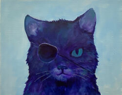 Rule 34 | acrylic paint (medium), animal, animal focus, blue cat, blue cat (torajiro), blue fur, blue sclera, blue theme, clothed animal, colored sclera, expressionless, eyepatch, highres, looking at viewer, no humans, original, painting (medium), solo, straight-on, torajiro art, traditional media, upper body, whiskers