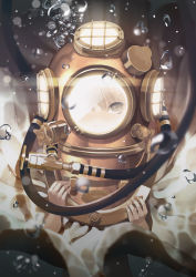 Rule 34 | air bubble, androgynous, artist name, blurry, bubble, depth of field, diving helmet, dress, gender request, glowing, grey eyes, helmet, lens flare, looking at viewer, one eye covered, original, solo, throtem, underwater, upper body, water, white hair