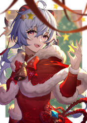 Rule 34 | 1girl, absurdres, alternate costume, bell, blue hair, blurry, blurry background, blurry foreground, bow, bowtie, brown background, capelet, chinese commentary, christmas, christmas tree, commentary request, detached sleeves, dress, flower knot, fur-trimmed capelet, fur-trimmed sleeves, fur trim, ganyu (genshin impact), genshin impact, goat horns, hair ornament, highres, horns, light blue hair, long hair, long sleeves, looking at viewer, neck bell, open mouth, pink eyes, red bow, red bowtie, red capelet, red dress, red ribbon, ribbon, santa costume, signature, smile, snowflake print, solo, star (symbol), star hair ornament, vision (genshin impact), von (657932285)