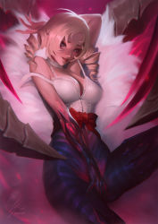 Rule 34 | 1girl, arm up, blonde hair, blue eyes, bow, bra, breasts, catherine, catherine (game), choker, cleavage, drill hair, highres, lace, lace choker, lips, long hair, looking at viewer, medium breasts, motion blur, parted lips, raikoart, red bow, solo, strap slip, twin drills, underwear, waist bow, white bra