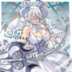 Rule 34 | 1girl, bare shoulders, breasts, cleavage, corset, drill hair, gloves, grey eyes, highres, holding, holding weapon, large breasts, lewdamone, looking at viewer, lovely labrynth of the silver castle, medium hair, one eye closed, pointy ears, silver hair, solo, twin drills, weapon, white gloves, yu-gi-oh!