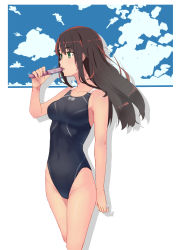 Rule 34 | 1girl, black eyes, black hair, black one-piece swimsuit, breasts, competition swimsuit, covered navel, cowboy shot, highres, long hair, looking to the side, medium breasts, one-piece swimsuit, open mouth, original, sametogoreijou, solo, standing, swimsuit, tupet