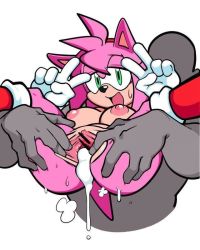 Rule 34 | 1boy, 1girl, aftersex, amy rose, anus, blush, breasts, censored, cum, cum in ass, cum in pussy, cumdrip, double v, gloves, green eyes, heart, hetero, lying, nipples, on back, open mouth, pink hair, presenting, pussy, solo focus, sonic (series), spread legs, spread pussy, sweat, torn clothes, v, watatanza, white gloves