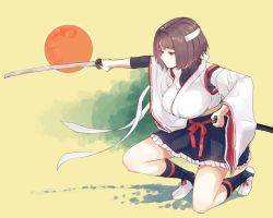 Rule 34 | 1girl, black skirt, blush, breasts, brown eyes, brown hair, closed mouth, dongsa wonhyong, highres, holding, holding sword, holding weapon, hyuuga (kancolle), hyuuga kai ni (kancolle), japanese clothes, kantai collection, katana, large breasts, long sleeves, nontraditional miko, pleated skirt, short hair, skirt, solo, sword, tabi, weapon, wide sleeves