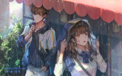 Rule 34 | 1boy, 1girl, awning, bai qi (love and producer), blue bow, blurry, bow, brown eyes, brown hair, hand in pocket, highres, jacket, long hair, love and producer, open mouth, outdoors, protagonist (love and producer), rabbitcamilla, rain, shirt, watermark