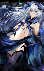 Rule 34 | 1girl, bare shoulders, blue bow, blue dress, blue eyes, blue neckwear, blush, bow, breasts, date a live, dress, elbow gloves, gloves, groin, habit, hair between eyes, highres, hip focus, kellyliao33, long hair, navel, revealing clothes, silver hair, skirt hold, small breasts, smile, solo, starry sky print, thighhighs, tobiichi origami, very long hair