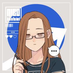 Rule 34 | ..., 1girl, brown eyes, brown hair, commentary, diathadevil, english commentary, expressionless, glasses, holding, holding stylus, long hair, looking at viewer, portrait, real life, self-portrait, shirt, solo, speech bubble, spoken ellipsis, stylus