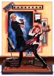 Rule 34 | 10s, 1boy, 1girl, album cover, amplifier, belt, black vest, blonde hair, blue eyes, bukimi isan, cable, carpet, cd case, cover, david bowie, dress shirt, effects pedal, english text, formal, grin, guitar, highres, idolmaster, idolmaster million live!, instrument, julia (idolmaster), lyrics, microphone, microphone stand, music, music stand, open clothes, open collar, open vest, playing instrument, pointing, poster (object), red hair, shirt, short hair, smile, socks, star (symbol), stereo, teeth, vest