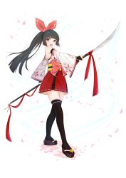 Rule 34 | 1girl, :o, absurdres, black hair, blunt bangs, bow, brown eyes, detached sleeves, food fantasy, hair bow, highres, naginata, petals, polearm, red bow, red skirt, skirt, solo, standing, sushi (food fantasy), thighhighs, transparent background, uni sirasu, weapon, wide sleeves