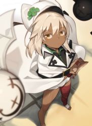 Rule 34 | 1girl, akisa yositake, bandaged arm, bandages, blonde hair, breasts, dark-skinned female, dark skin, from above, guilty gear, guilty gear strive, hat, looking at viewer, looking up, ramlethal valentine, shorts, small breasts, standing, white headwear, yellow eyes