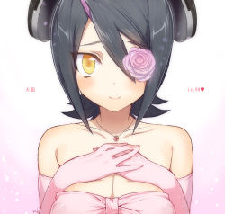 Rule 34 | 10s, 1girl, bare shoulders, black hair, breast suppress, dress, flower, gloves, heart, heart-shaped lock, heart necklace, hebino rai, jewelry, kantai collection, looking at viewer, necklace, short hair, smile, solo, tenryuu (kancolle), wedding dress, yellow eyes