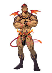 Rule 34 | 1boy, abs, absolum art, absurdres, arm tattoo, bara, chest harness, crossed arms, dark-skinned male, dark skin, demon boy, demon horns, demon tail, demon wings, facial hair, fire, full body, goatee, harness, highres, horns, looking at viewer, male focus, mature male, muscular, muscular male, navel, nipples, orange hair, original, pectorals, penis, penis sheath, pointy ears, revealing clothes, sam (red gart), short hair, solo, standing, stomach, tail, tattoo, thighs, white background, wings