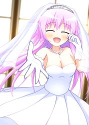 Rule 34 | bare shouldera, breasts, bridal veil, bride, cleavage, dress, excited, gloves, happy, highres, jewelry, long hair, medium breasts, neck, necklace, nepgear, neptune (series), open mouth, purple hair, swirl gear, tiara, vail, veil, wedding dress, window