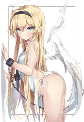 Rule 34 | 1girl, absurdres, ahoge, angel, angel wings, ass, black hairband, blonde hair, blue eyes, blush, breasts, chain, closed mouth, commentary request, detached wings, dot mouth, from side, hair between eyes, hairband, halo, highres, leaning forward, naked shirt, original, shirt, simple background, small breasts, solo, standing, toshizou (0714), white background, white shirt, wings, wrist cuffs