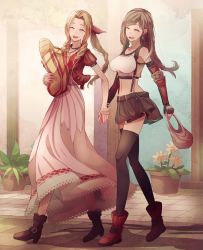 Rule 34 | 2girls, :d, ^ ^, aerith gainsborough, bag, black footwear, black gloves, black skirt, black thighhighs, boots, bread, breasts, brown hair, closed eyes, collarbone, crop top, cropped jacket, dress, earrings, elbow pads, final fantasy, final fantasy vii, final fantasy vii remake, fingerless gloves, flower, food, full body, gloves, grocery bag, hair ribbon, high heel boots, high heels, highres, holding hands, jacket, jewelry, large breasts, long hair, low-tied long hair, midriff, mirrorclew, multiple girls, open mouth, parted bangs, pink dress, plant, potted plant, red footwear, red jacket, red ribbon, ribbon, shadow, shopping bag, short sleeves, skirt, smile, suspender skirt, suspenders, swept bangs, tank top, teeth, thighhighs, tifa lockhart, tri drills, upper teeth only, walking, white tank top, zettai ryouiki