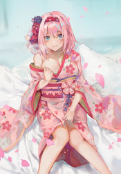 Rule 34 | 1girl, absurdres, blue eyes, breasts, fang qiao, highres, japanese clothes, kimono, large breasts, pink hair, princess connect!, yui (princess connect!)