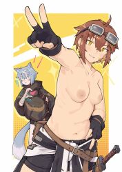 Rule 34 | 1girl, 1other, absurdres, ahoge, animal ears, bandaid, bandaid on face, breasts, brown hair, fingerless gloves, gloves, goggles, goggles on head, grey hair, hair ornament, hand wraps, heart, heart hands, highres, kokuya (kokuya28), navel, nipples, original, pointing, pointing forward, poncho, tail, topless, yellow eyes