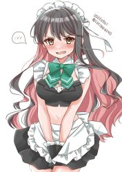 Rule 34 | 1girl, alternate costume, apron, black hair, blush, bow, bowtie, breasts, cocoperino, cowboy shot, dated, enmaided, fang, frilled apron, frills, green bow, green bowtie, kantai collection, large breasts, long hair, maid, maid apron, maid headdress, multicolored hair, naganami (kancolle), navel, one-hour drawing challenge, open mouth, pink hair, simple background, solo, spoken blush, twitter username, waist apron, white apron, white background, wrist cuffs, yellow eyes