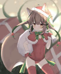Rule 34 | 1girl, :3, ahoge, animal ear fluff, animal ears, blurry, blurry background, blush, bow, box, breasts, brown eyes, brown hair, capelet, christmas, closed mouth, commentary request, covered navel, depth of field, ears through headwear, fur-trimmed capelet, fur-trimmed hood, fur-trimmed mittens, fur trim, gift, gift box, green bow, green hair, hair ornament, hairclip, hand on own hip, heart, heart ahoge, highres, holding, holding sack, hood, hood up, hooded capelet, long hair, looking at viewer, mittens, multicolored hair, old school swimsuit, one-piece swimsuit, original, red capelet, red mittens, red one-piece swimsuit, red thighhighs, risu (ritharte), sack, school swimsuit, small breasts, smile, solo, swimsuit, tail, thighhighs, two-tone hair, x hair ornament