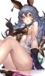 Rule 34 | 1girl, animal ears, backless dress, backless outfit, bare shoulders, black gloves, blue hair, blue skirt, breasts, commentary request, dress, erune, ferry (granblue fantasy), flask, frilled gloves, frills, from below, gloves, granblue fantasy, hair between eyes, highres, ikusaneko, index finger raised, long hair, looking at viewer, medium breasts, open mouth, piercing, rabbit ears, sideboob, sideless outfit, sitting, skirt, sword, thighs, wavy hair, weapon, yellow eyes